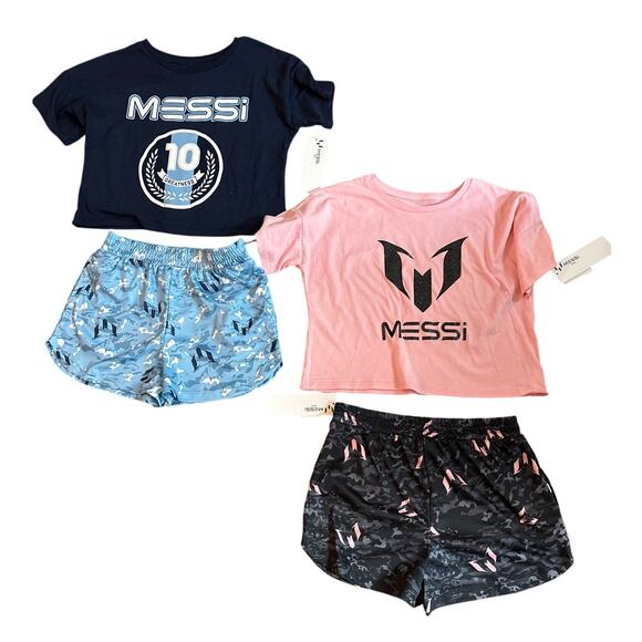 Lot of 2 Messi Girls Athletic Logo Medium Blue Pink Shorts Tee Matching sets NWT - Picture 1 of 7